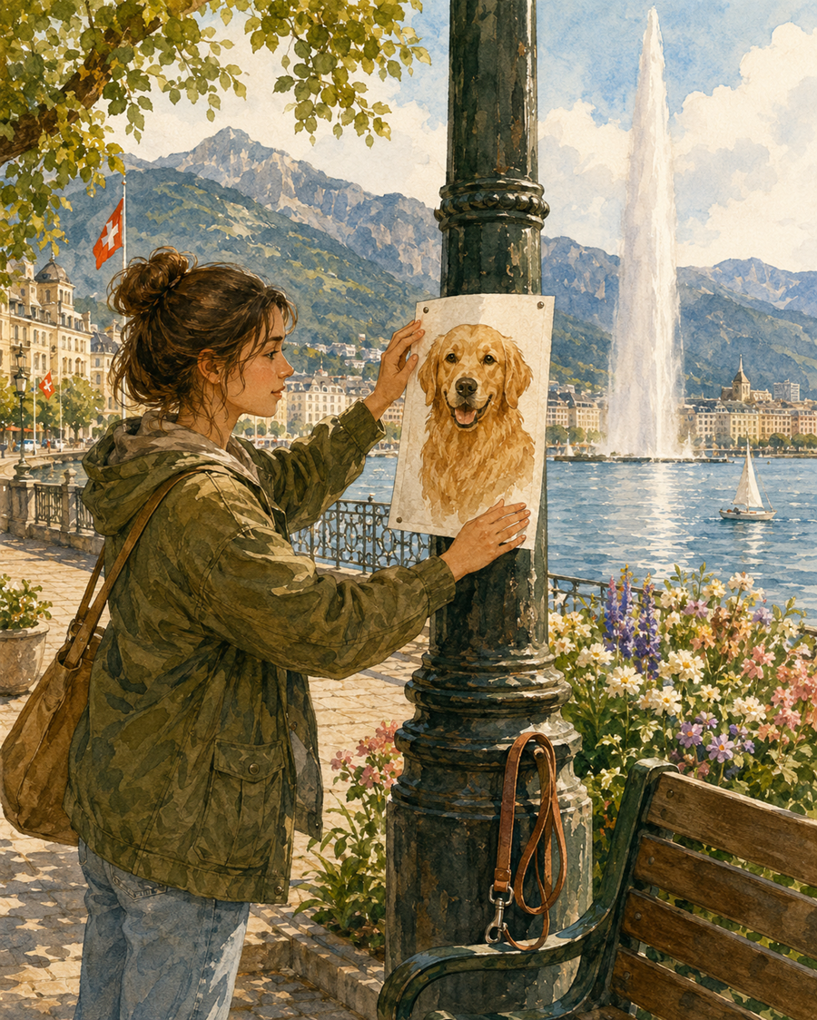 Illustration d'une affiche de chien perdu au bord du lac