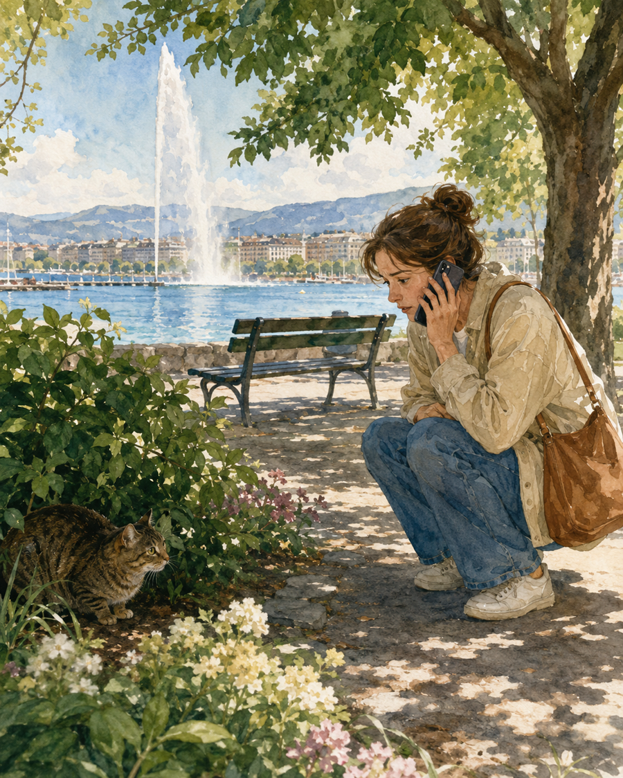 Illustration d'une personne ayant trouvé un chat et appelant de l'aide